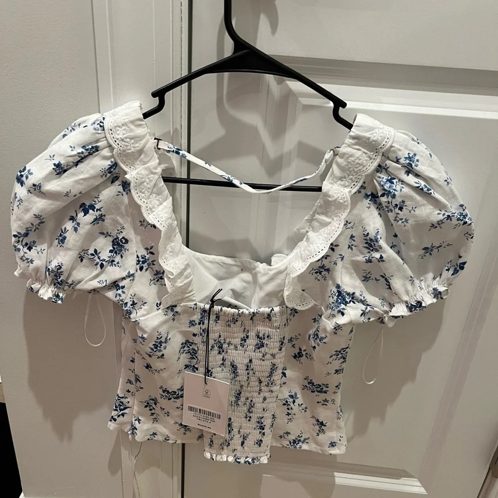 NWT REFORMATION Alice Romantic Floral-Print Puff-Sleeve Linen Blouse Orlaya 4